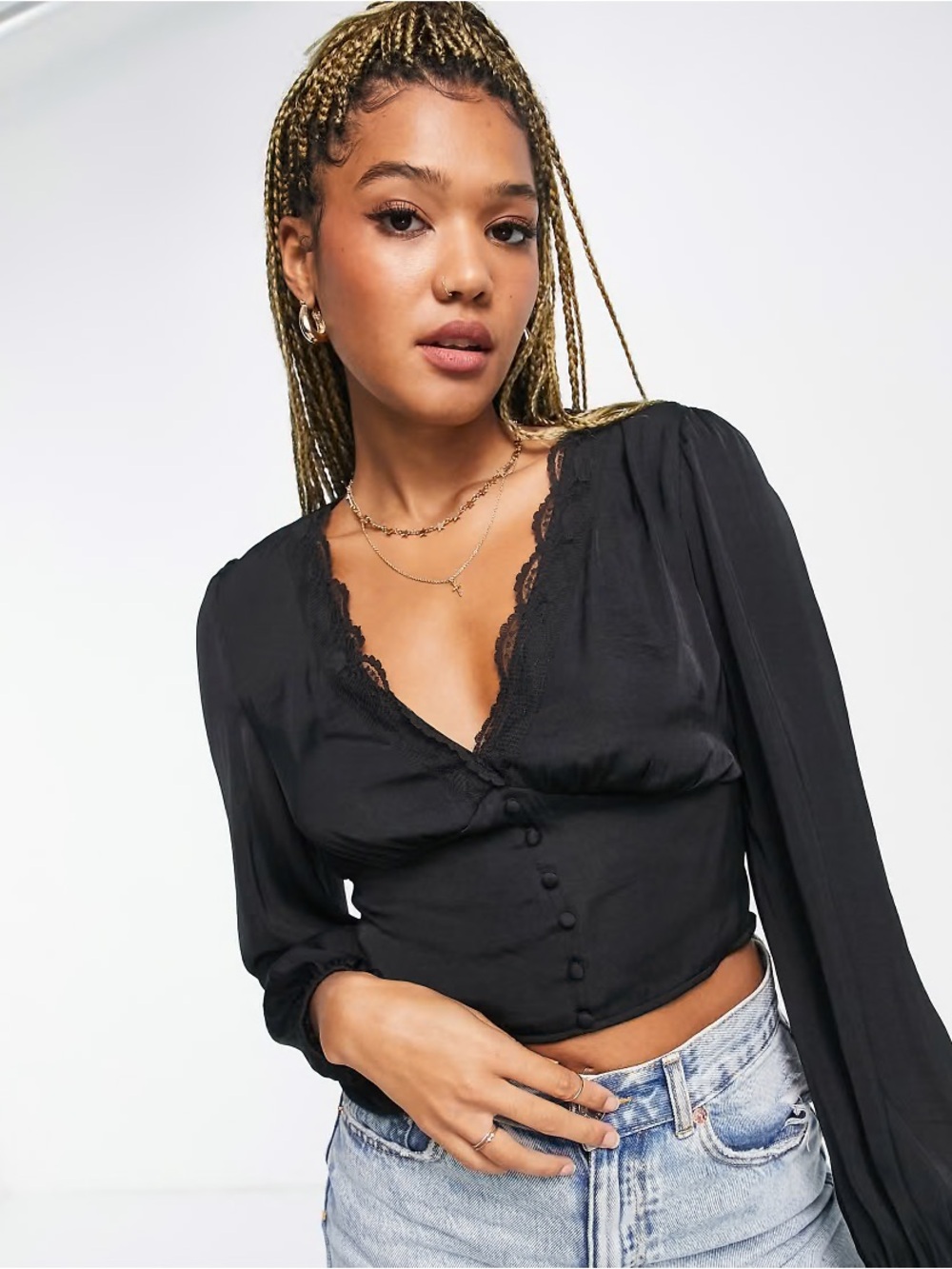 SHEIN Black Satin Button Down VNeck Lace Insert Top Size Small